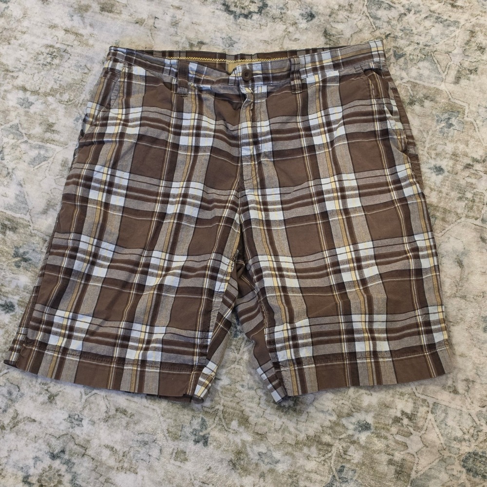 Sonoma Life + Style Mens Brown Plaid Cotton Flat Front Shorts Size 36